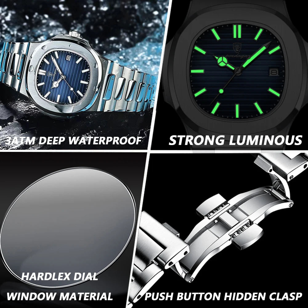 Relógio Masculino Luxo – Elegância em Aço Inoxidável, à Prova d'Água, com Iluminação Noturna e Data